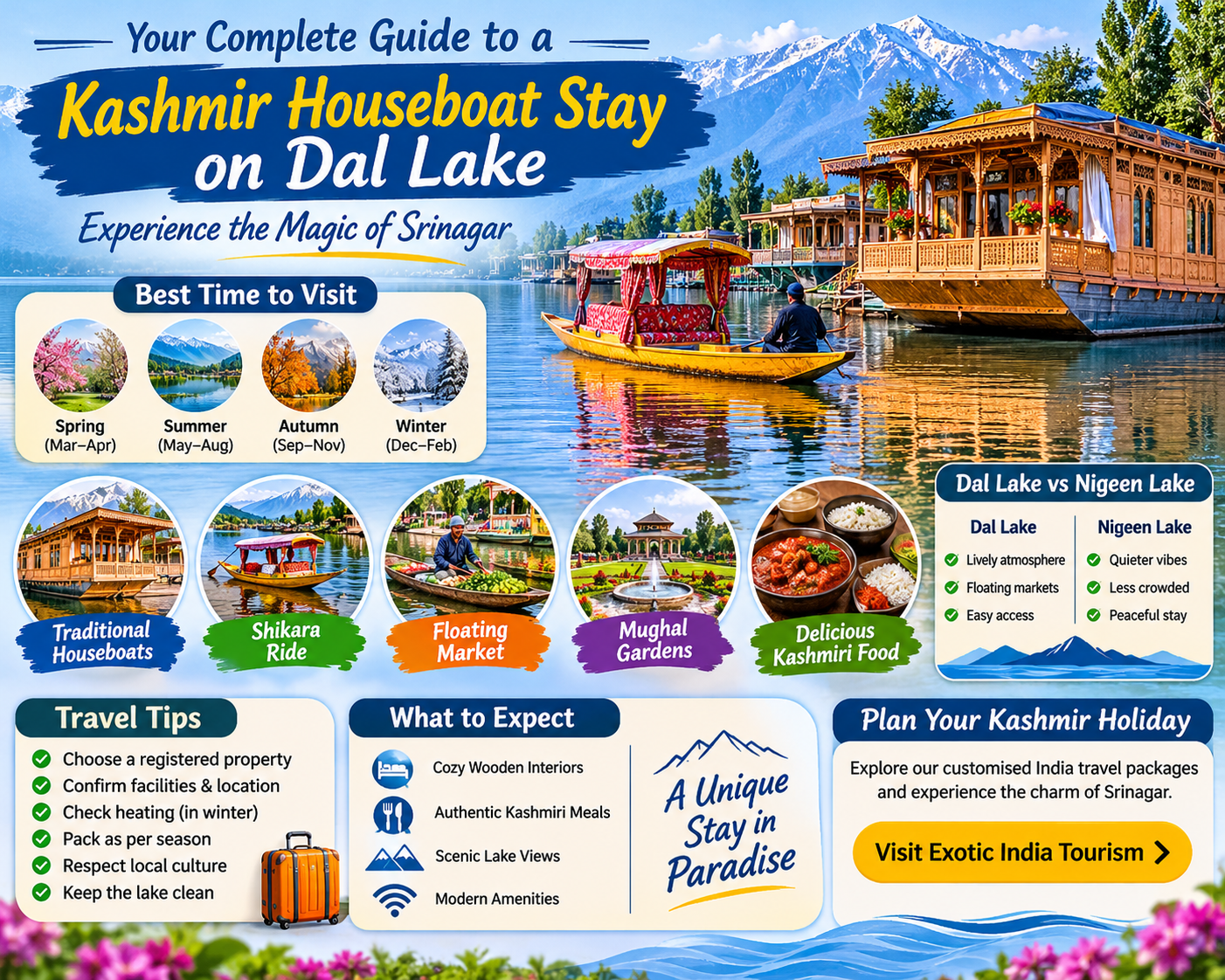 Kashmir houseboat stay Dal Lake featuring traditional wooden houseboats, Shikara rides, floating markets, Mughal gardens and scenic Himalayan views in Srinagar.